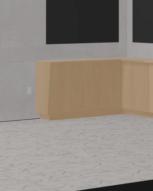 Timber millwork under a pair of screens, from the booth render