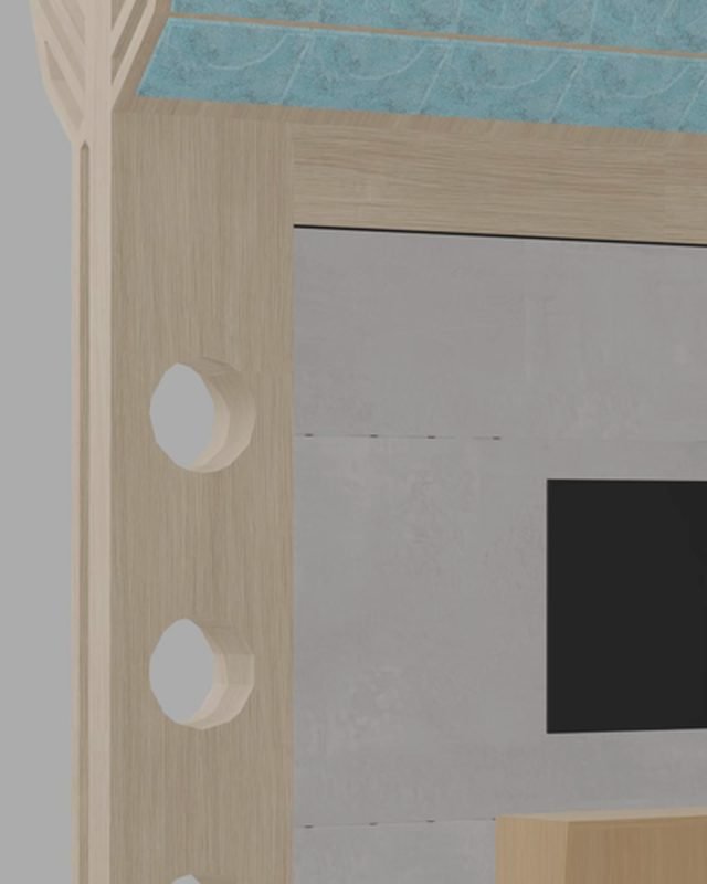A stone-look grey wall beside a timber column, from the booth render