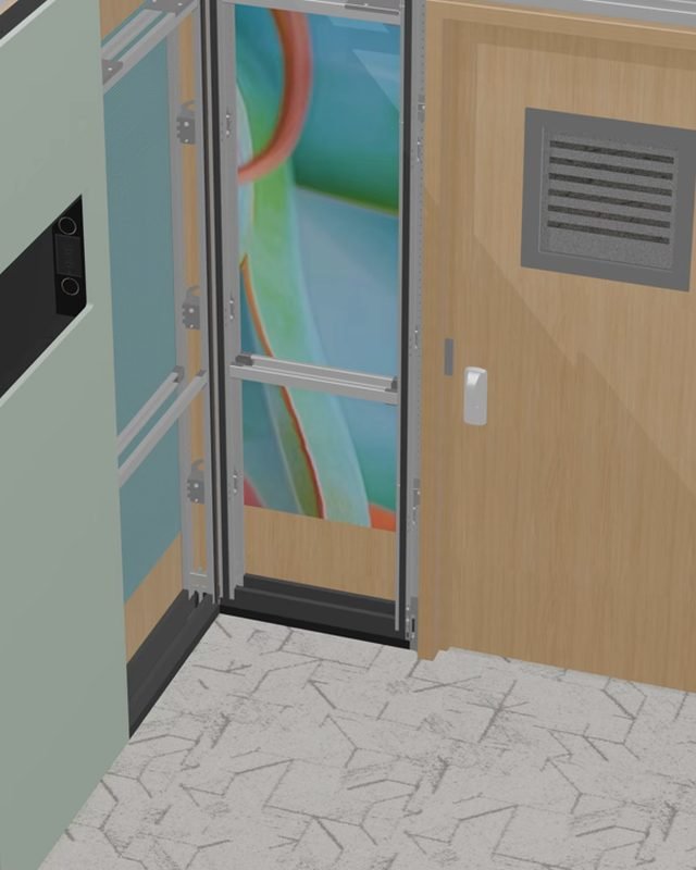 Lined walls with a printed graphic finish beside a door, from the booth render